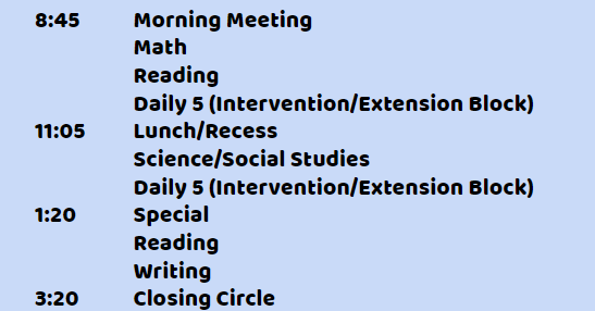 8:45 Morning Meeting Math Reading Daily 5 Extension Intervention Block 11:05 Lunch Recess Science Social Studies Daily 5 1:20 Special Reading Writing 3:20 Closing Circle